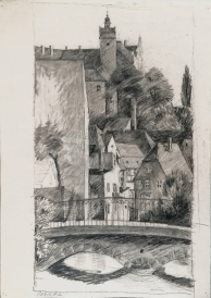 Colditz Brücke und Schloss, Bleistift, 1966, 42 x 29,7 cm