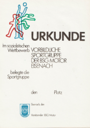 Urkunde BSG Motor Eisenach 1985, 29,7 x 21 cm