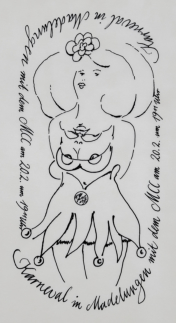 Karneval in Madelungen, drehbare Zeichnung, Mädchen oder König, Federzeichnung, 1987, 24 x 13 cm