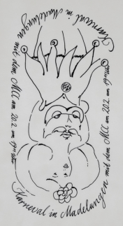 Karneval in Madelungen drehbare Zeichnung, hier König,  Eintrittskarte, Federzeichnung, 1987, 24 x 13 cm